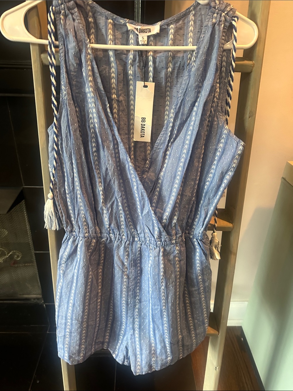 BB Dakota Light Blue Striped Wrap Front Romper